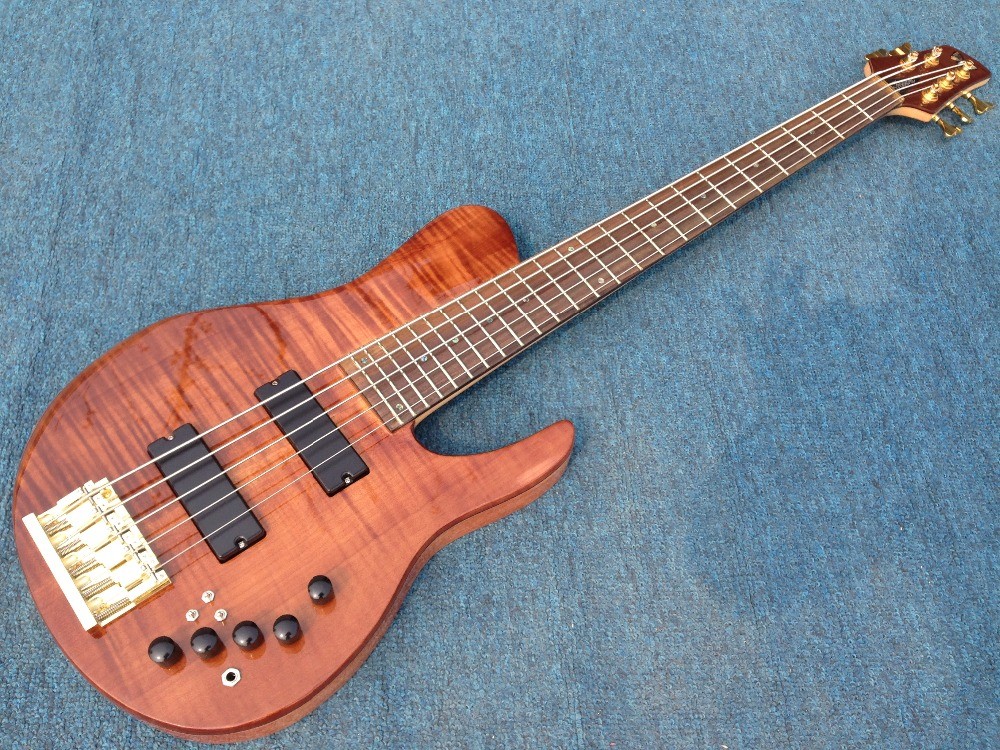 High End Flamed Maple Top Neck Through Body 5 strings gold Hardware Bass Guitar Guitarra custom bass guitar bass