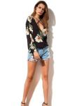 Women Low Neck Floral Chiffon Long Sleeve Top