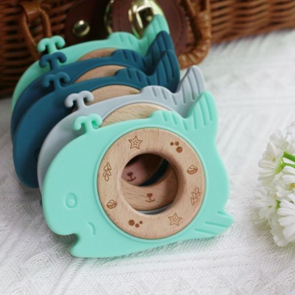 BPA Free Silicone Baby Teether With Wooden Ring Teething Relief For Babies