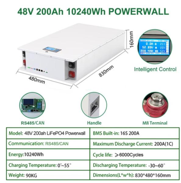 48V 200Ah Powerwall 10Kwh LiFePO4 Battery Built-In 200A BMS CAN RS485 51.2V 6000
