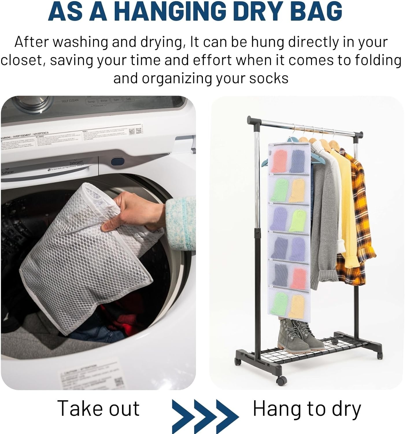 HANGING CLOSET ORGANIZER WITH POCKETS, 2-PACK SOCK ORGANIZERS FOR WASHING AND DRYING, STORAGE BAGS CAN ORGANIZE SOCKS,