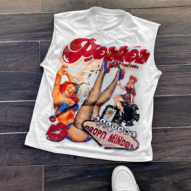 Custom Logo Streetwear Cut Raw Hem Tank Tops for Casual Daily Life Vintage Acid Wash