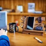 Natural Walnut Ash Wood Phone Docking Station Key Hooks Holder Wallet Stand