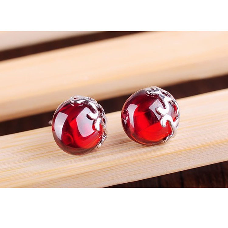 Sterling Silver 10mm Round Red Garnet Stud Earrings Vintage Thai Silver Jewelry(E11065RED)