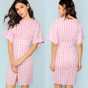 Wholesale Fall Apparel For Women Rolled Up Sleeve Wide Waistband Plaid Dress from china suppliers