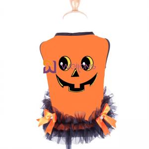 China Satin Ribbon Bow Halloween Pet Dress Round Neck Design Pumpkin Dog Dress on sale