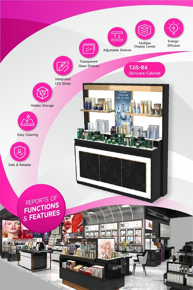 TJiS-B4 3mm Black Glossy Organic Box Skincare Display Cabinet with Hidden Storage