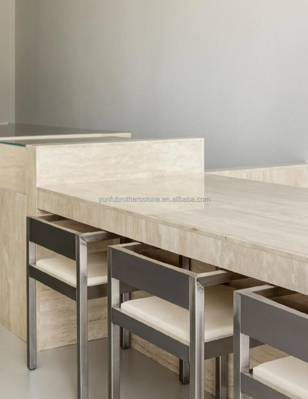 Polished Beige Round Travertine Dining Table Modern Stone Furniture for Living Room