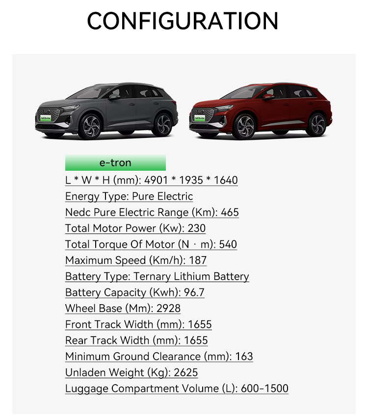 2023 Audi E-tron speed 180Km/h SUV Adult Energy Electric Vehicle with 465km Nedc Pure Electric Range and 2928mm Wheel Base Made