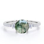 Round Cut Moss Green Agate Leafy Single Stone Engagement Ring in White Gold