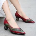 S438 2020 Retro Hand-Embroidered Soft Leather High Heels Ethnic Style Pointed