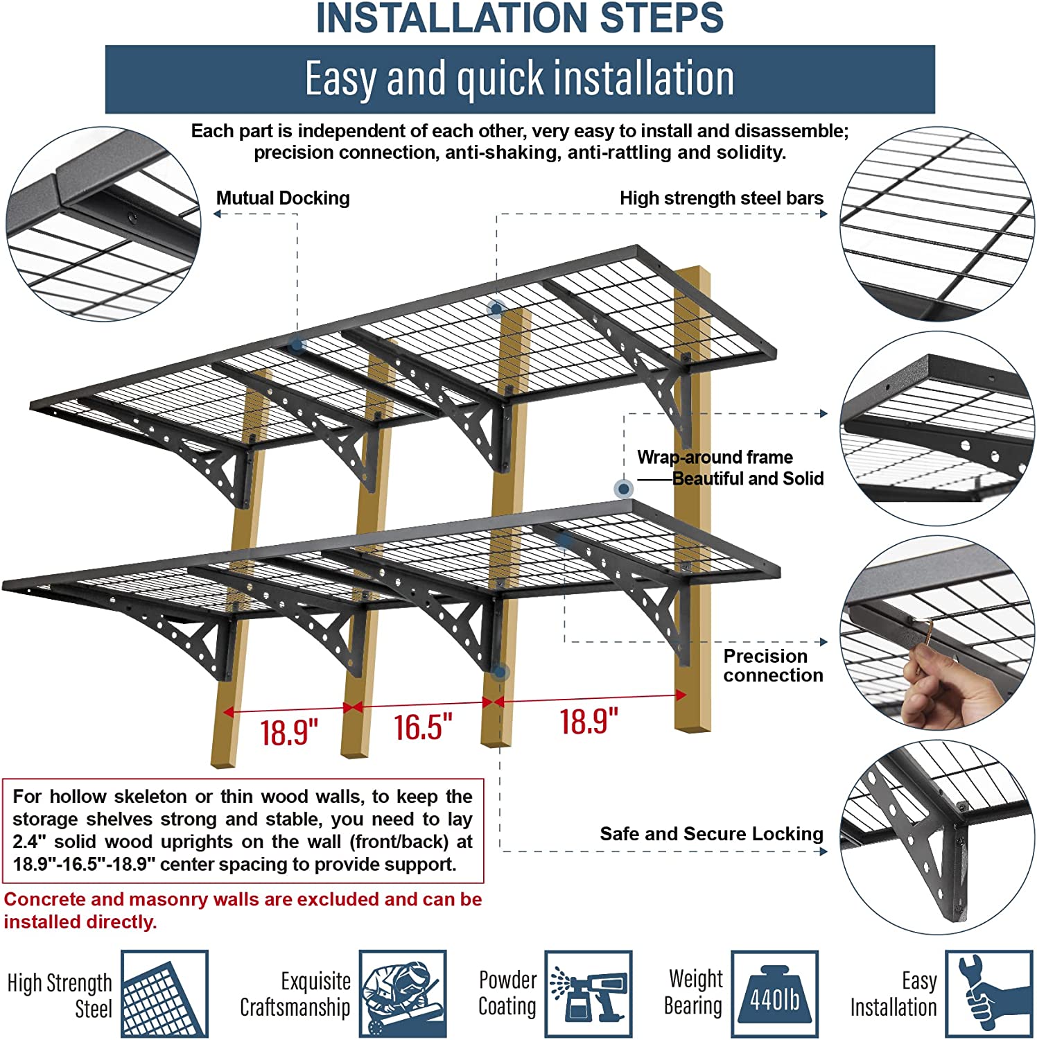 2x6ft Garage Storage Rack Warehouse Wall-Mounted Grid Shelf Metal Support Rack
