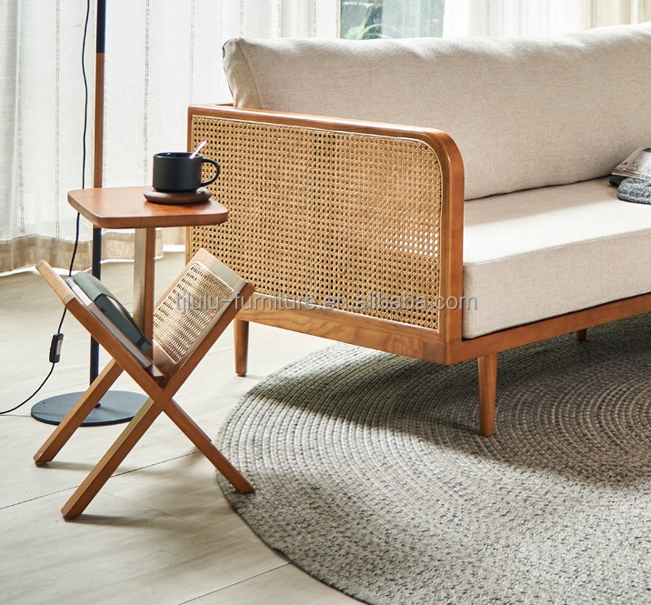 Solid Wood Square Side Table with Woven Rattan Book Shelf Lacquered and Durable Construction