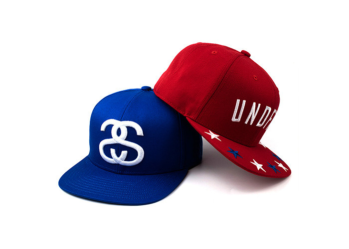 6 Panel Man Flat Brim Snapback Hats Red And Blue With 3D Embroidery Of Wool Acrylic