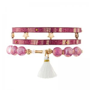 China Girl Pink Power Vintage Leather Bracelet With Handmade White Tassel on sale