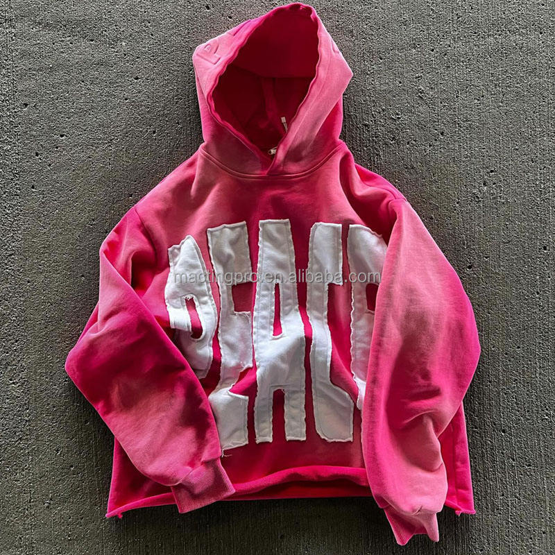 Mens Acid Wash Oversized Hoodie Sweatshirt Embroidered Patch Work Distressed Hooded Pullover Hoodie For Men