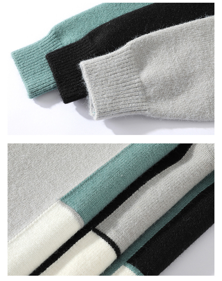 Acrylic Men Crew Neck Sweater White Black Green Color Block Knitted Oversize Sweater