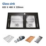 60 40 Tempered Glass Kitchen Sink Stainless Steel 32' 16 Double Bowl 82x48