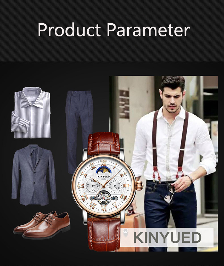 KINYUED Tourbillon automatic mechanical movement genuine leather waterproof wrist watch