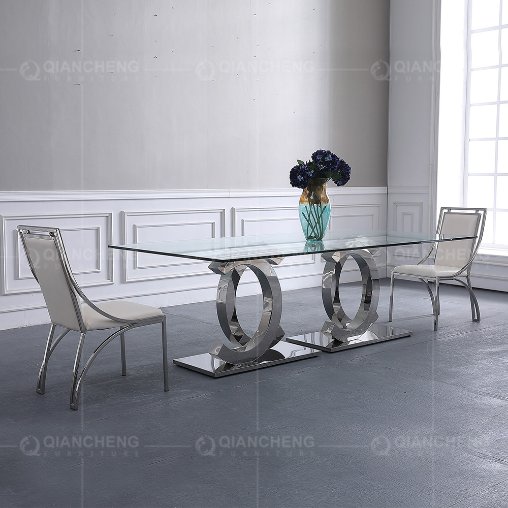 Rectangular Mirror Silver SS Dining Tables Double C Leg Glass Top