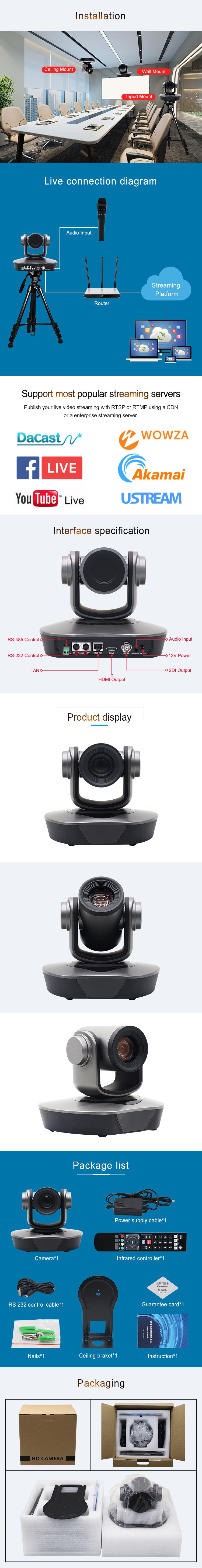 High-Performance Waterproof PTZ Camera with 10x Digital Zoom for SDI Live Streaming