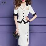 Women's Long Vintage Black and White Two-Piece Skirt Pant Coat Suit for Formal