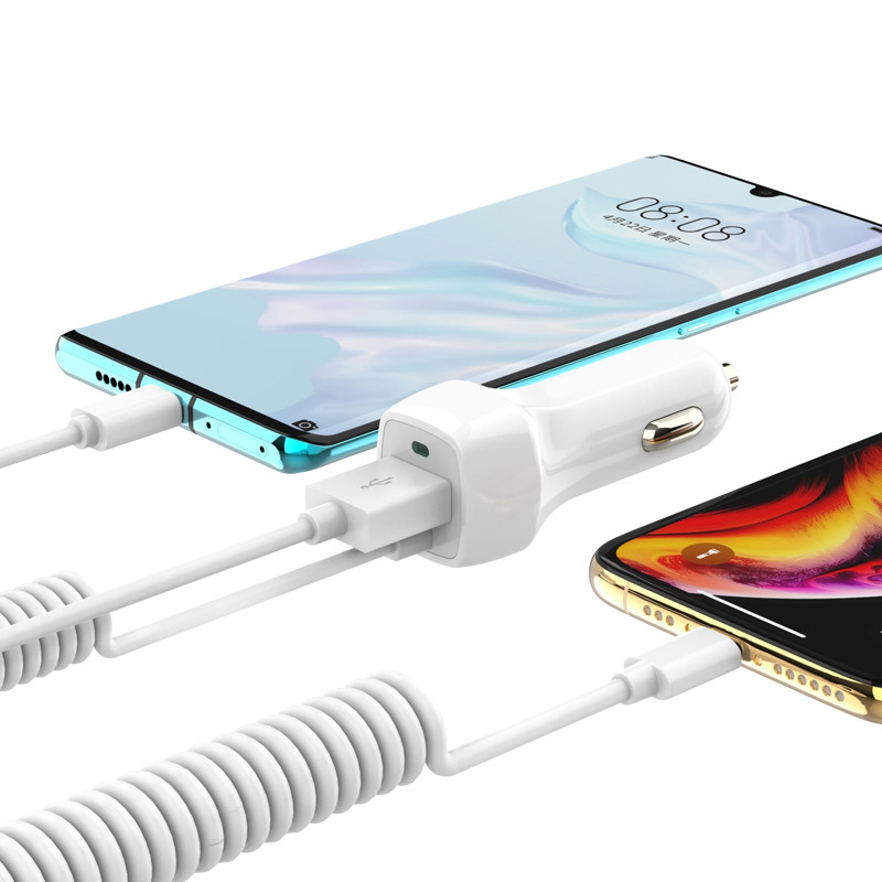 5V 3.4A Rapid Phone Charger 5Ft 1.5M Spring Flexible Cable 2 In 1 Car Charger