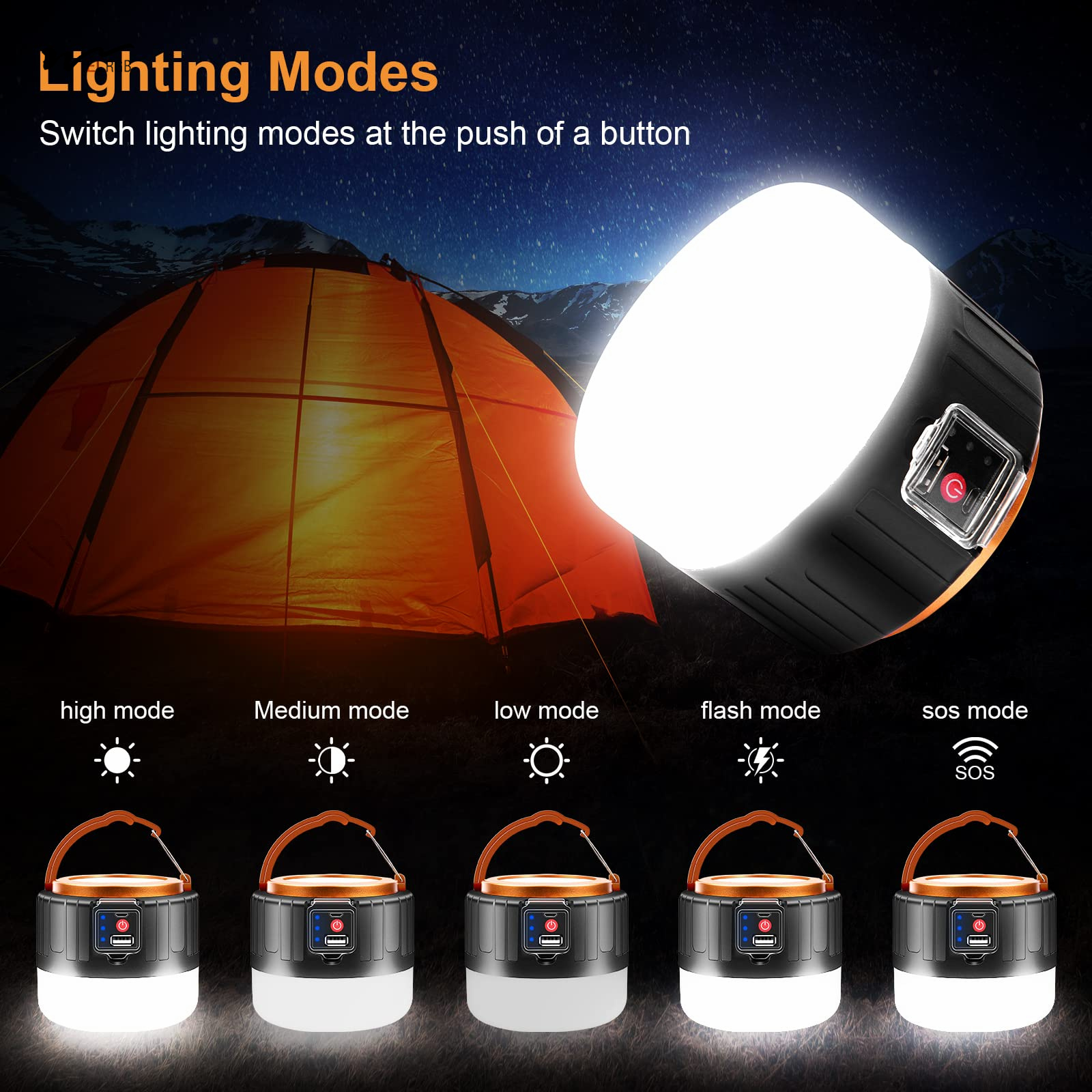 Waterproof USB Rechargeable Solar Camping Light with Remote Control 3- 1000LM 5 Modes