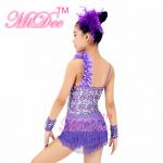 2 In 1 Latin Dance Costumes Confetti Purple Sequin Leotard Diagonal Ruffled Neck