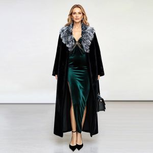 Buy cheap Euro American Faux Fur Coat Eco Friendly Fox Fur Collar Long Black Fur Coat from wholesalers