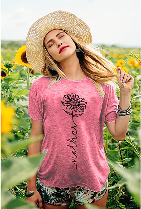 Heat-transfer Printing T Shirts for Women Summer Mothers Mama Sunflower Flower Casual