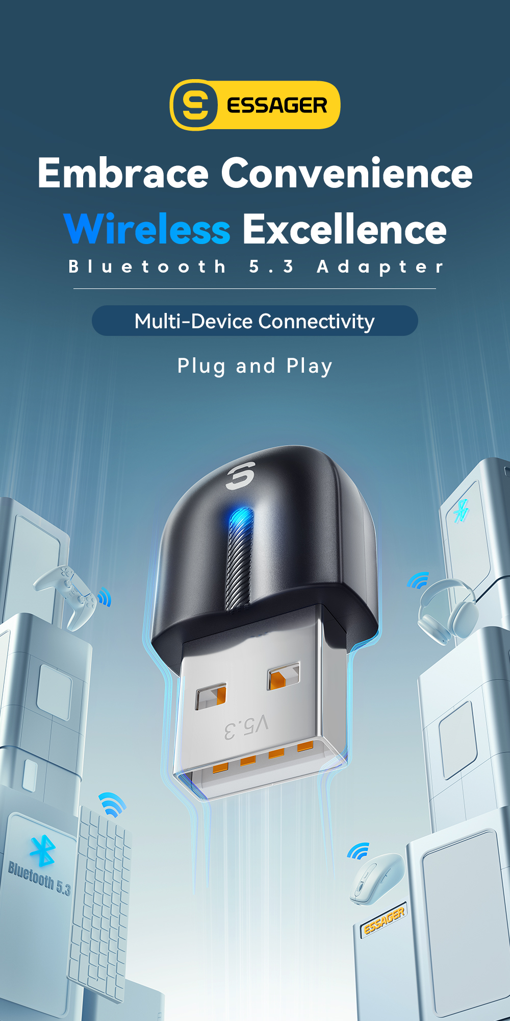 ESSAGER ES-BT13 Series USB A To Bluetooth Adapter V5.3 With 10m-20m Transmission Range