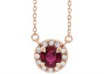 14K Gold Natural Ruby Pendant Necklace Round Cut With 0.6ct 5mm Halo Stones