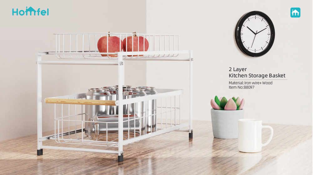Home Kitchen Decorative White Metal Wire Storage Basket with Wood Handle