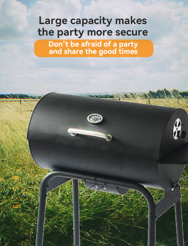 Smokeless Barrel Smoker BBQ Grill with Piezoelectric Ignition and Convenient Table