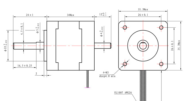 Dual Shaft Nema 14 Stepper Motor 4 Leads 34mm 1.8deg 18Ncm 25.56oz.in 0.8A Step Motor