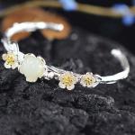 Sterling Silver Natural Jade Culptured Flower Gold Plated Women Bracelet(049924)