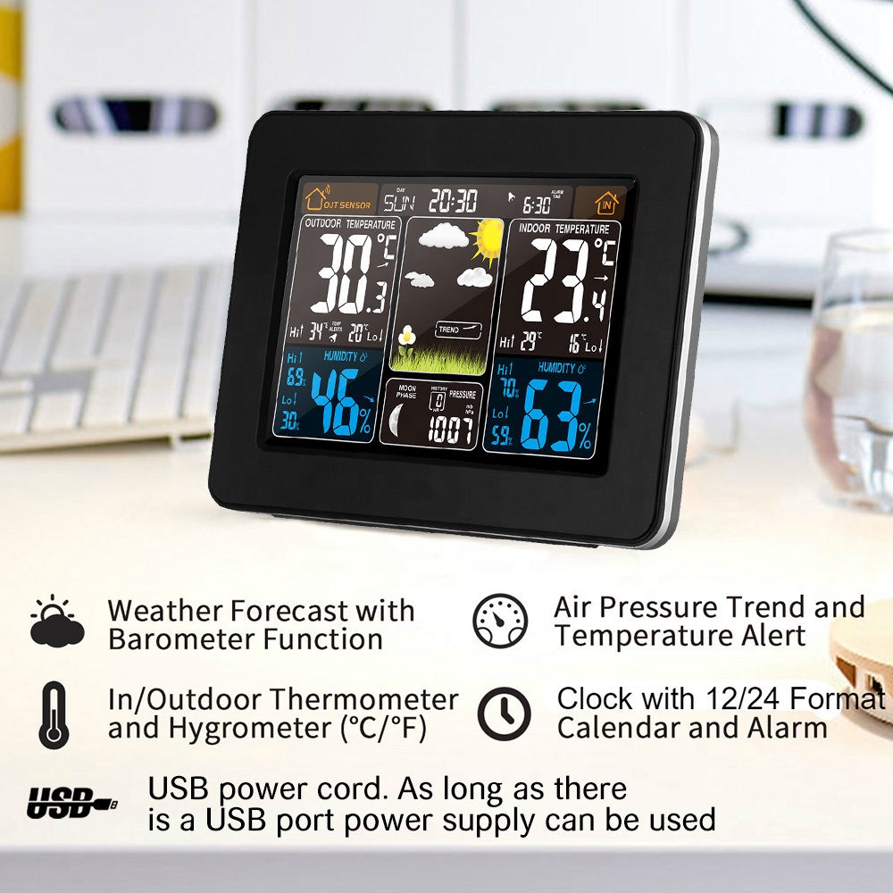 Wireless Sensor Indoor Outdoor Thermometer Hygrometer With Alarm Clock And Barometer