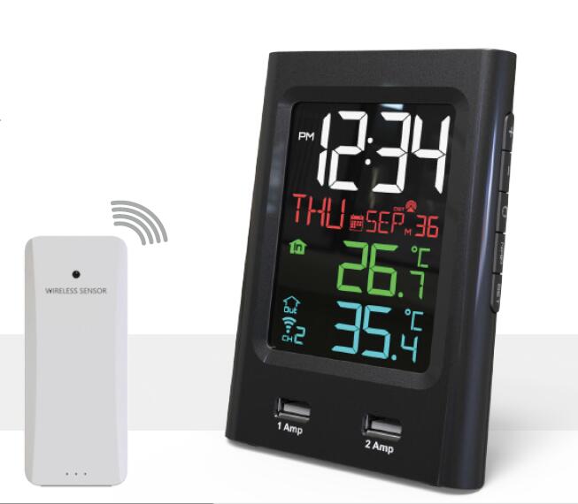 Dual USB Charging Clock Thermometer And Hygrometer For Indoor Outdoor Temperature Humidity