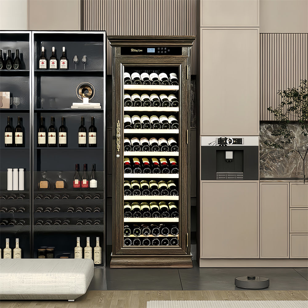 Freestanding Dark Brown Wooden Frame Wine Cooler Cabinet With Locker