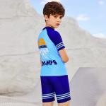 Split Blue Boy Swimsuit With Swimming Cap Student Conservative Summer Kids
