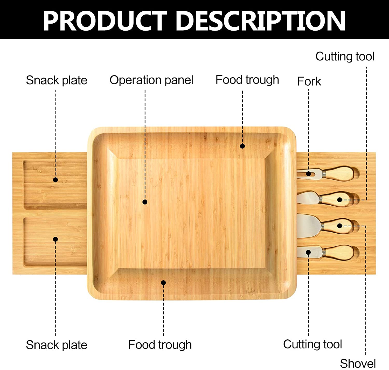 Double Side Wooden Serving Tray Bamboo Cheese Board Hidden Drawer Cheese Servers