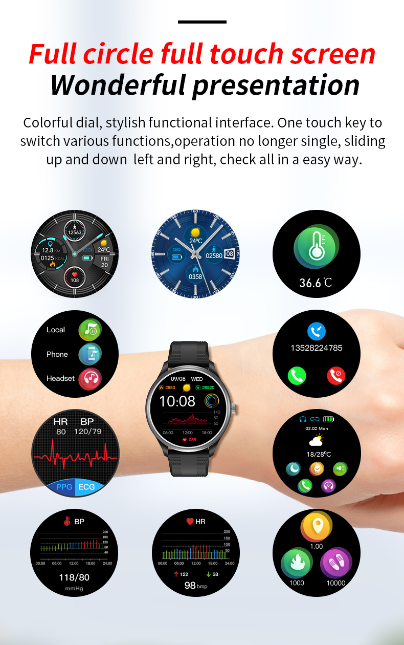 1.28 Inch Round Touch Screen ECG Smart Watch Wifi Music Control