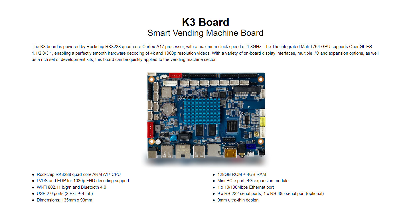 K3 Smart Vending Machine Mainboard Rockchip RK3288 Wi-Fi 802.11 b/g/n and Bluetooth 4.0