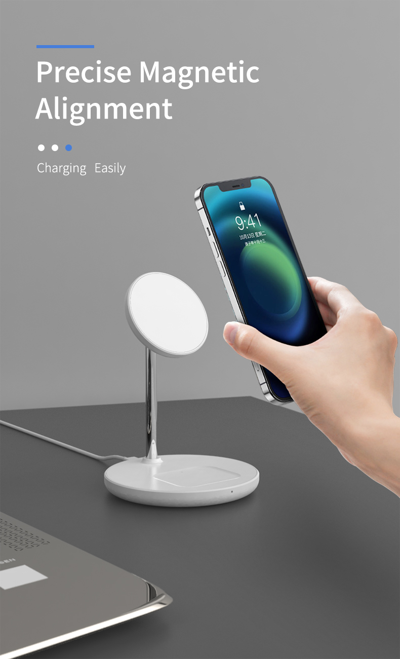15W Fast Charging Magnetic Wireless Charger Stand for iPhone 13 14 15 Pro Max White Type C Input Port