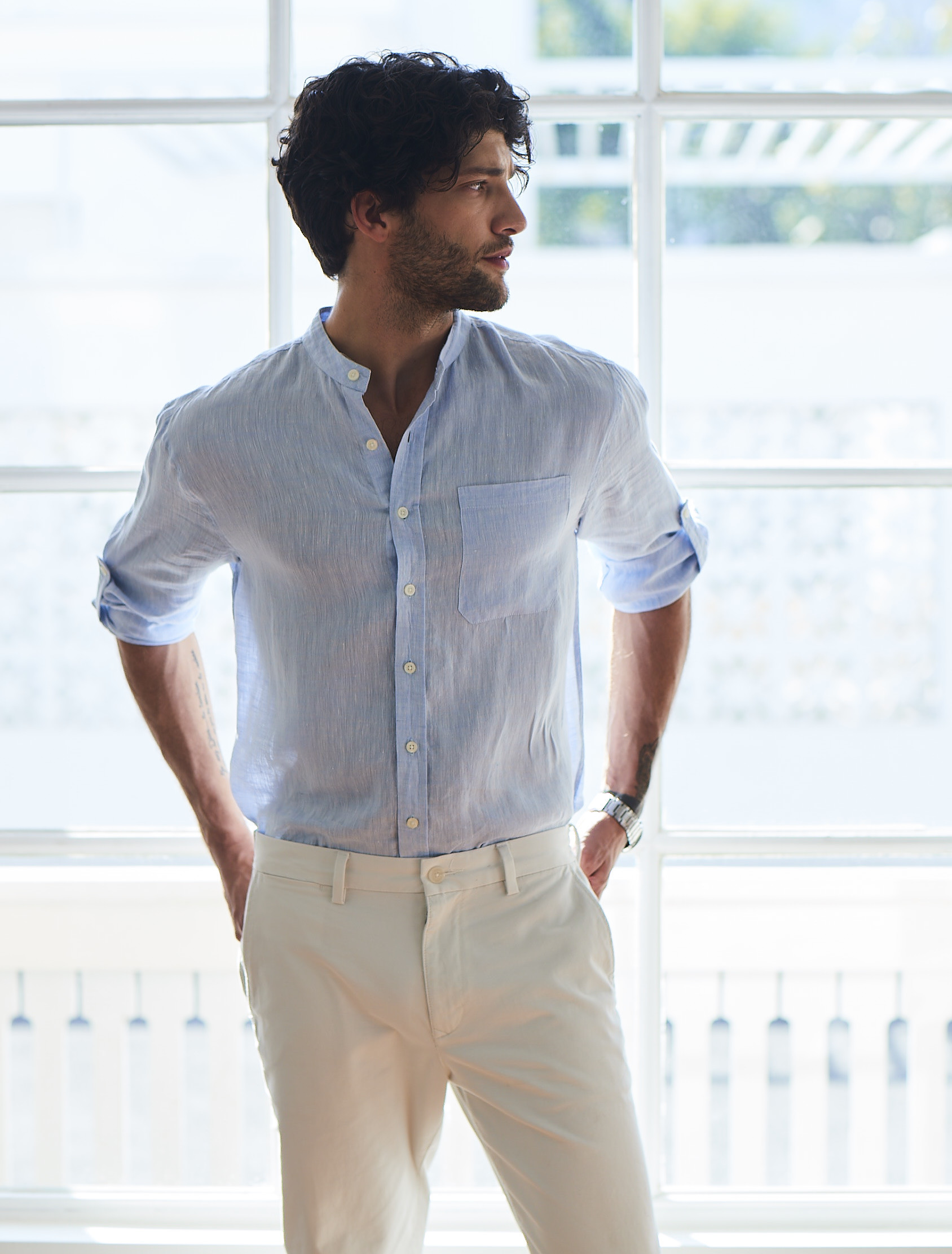 Multicolored Woven Custom Mens Casual Linen Shirts Banded Collar Standard Fit