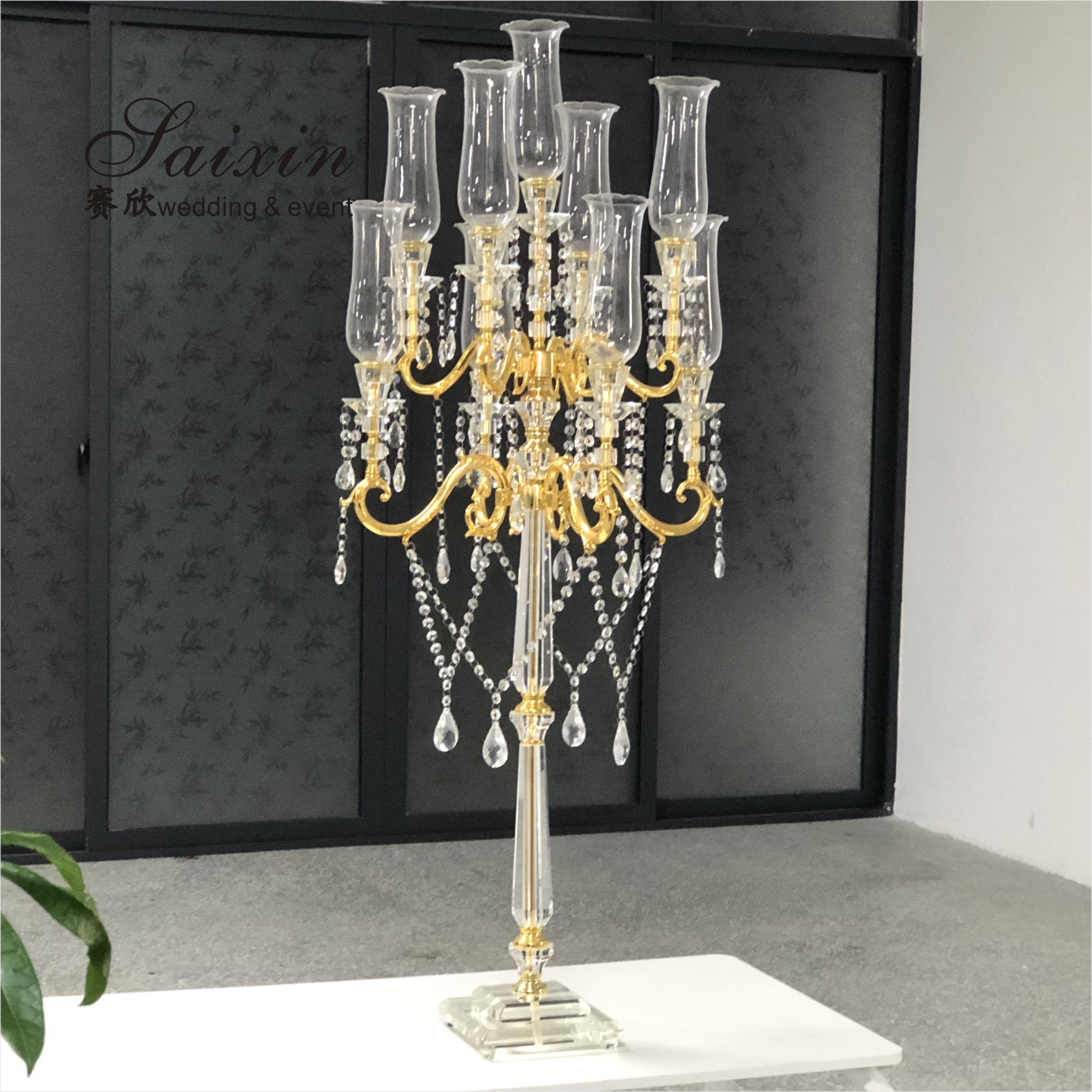 Wholesale Luxury Wedding Crystal Glass Candelabra Centerpieces 9 Arms Tall Cylinder Candelabras