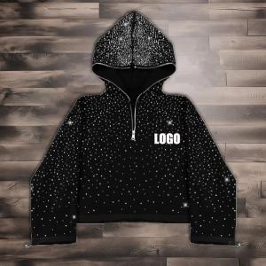 Wholesale Streetwear custom 380 500gsm men's french terry fleece all over print rhinestone boxy cropped full face half zip up hoodie men from china suppliers