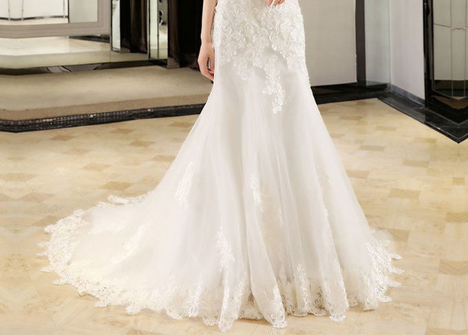 Half Sleeve Ivory Lace Mermaid Wedding Dress Beading Off Shoulder Back Bandage