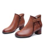 S321 Round toe flat wedge heel top layer cowhide mid-tube women's boots leather